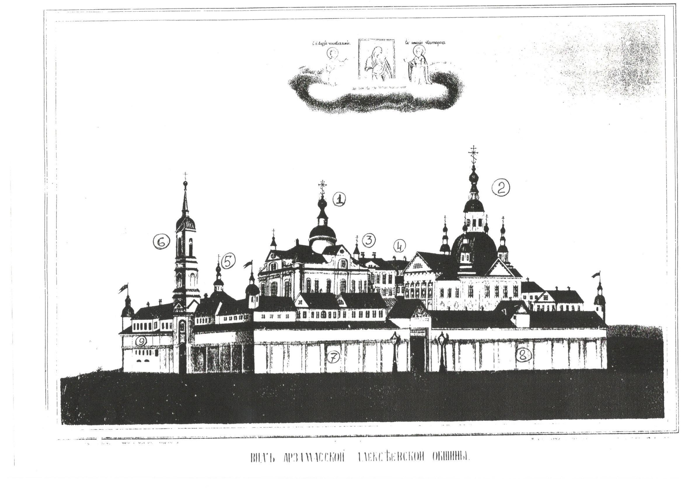 Арзамасский Алексеевский новодевичий монастырь. 1 – Успенская каменная церковь с приделом свт. Алексия Человека Божия; 5 – больничная церковь влмч. Варвары