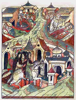Мстислав у смертного одра Христины (вверху слева). Из Лицевого летописного свода XVI в.